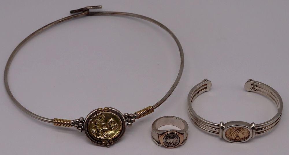 Appraisal: JEWELRY Sterling and Gold Jewelry Grouping Includes a sterling ribbed