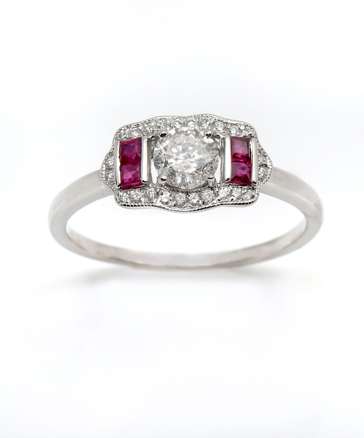 Appraisal: PLATINUM DIAMOND RUBY RING CT round brilliant cut diamond is