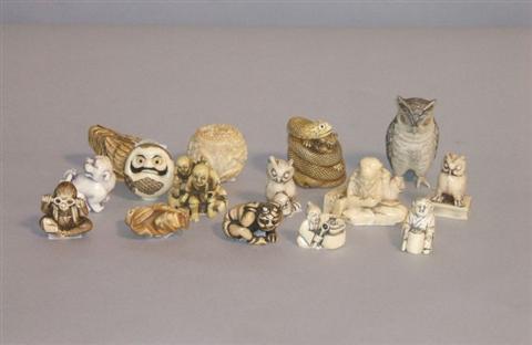 Appraisal: COLLECTION OF FIFTEEN NETSUKE AND CARVINGS Mostly ivory and carved