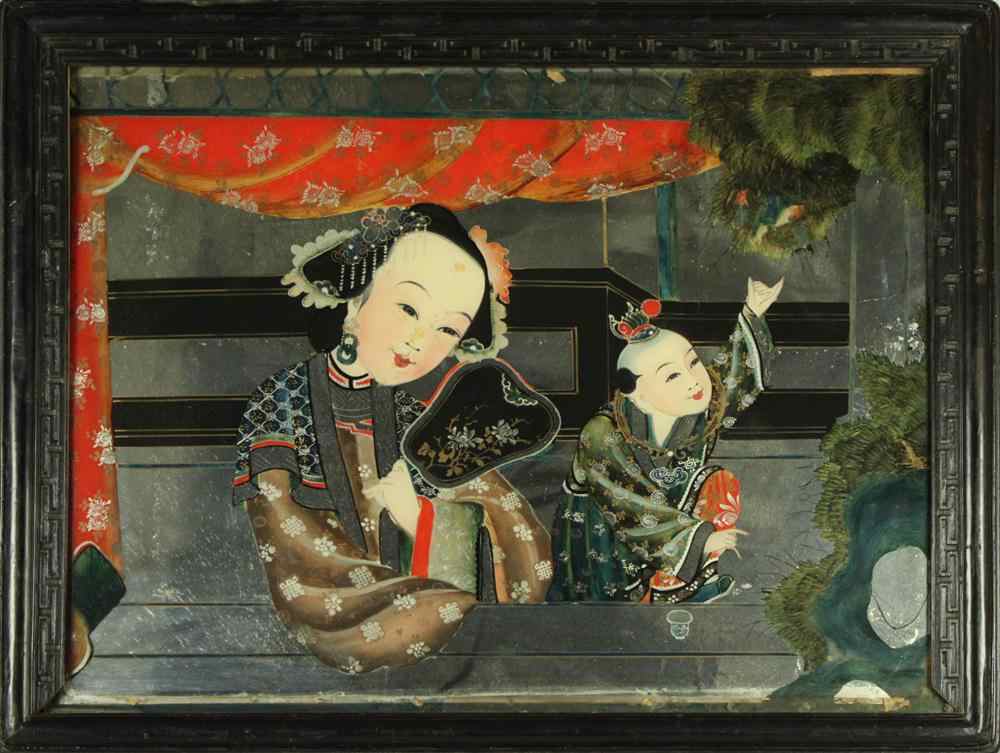 Appraisal: CHINESE REVERSE GLASS PAINTING OF A BEAUTY AND KARAKO QING