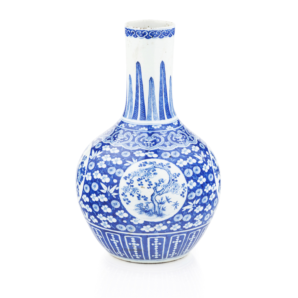 Appraisal: BLUE AND WHITE BOTTLE VASE QING DYNASTY TH CENTURY of