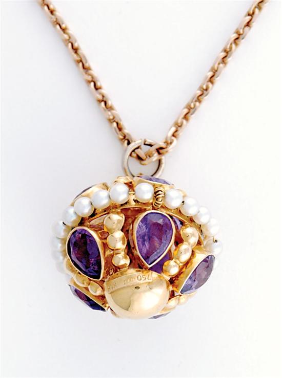 Appraisal: Amethyst and pearl pendant ball shape featuring ten bezel-set pear-shaped