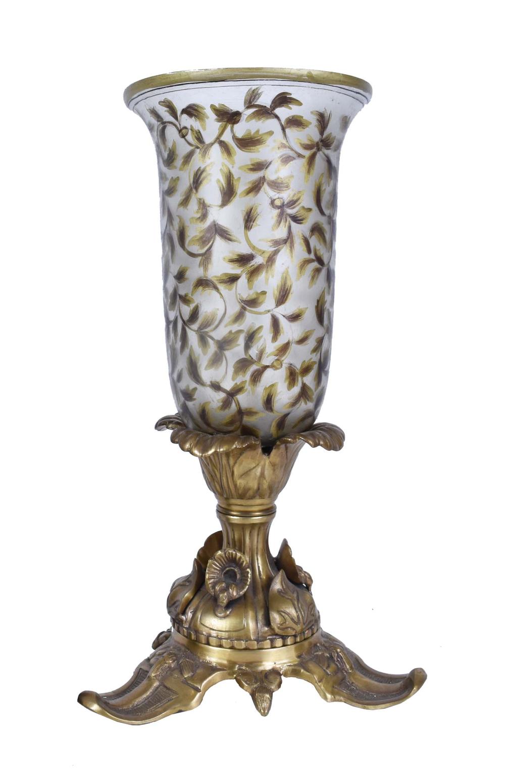 Appraisal: GLASS AND GILT BRONZE HURRICANE LIGHTThe tulip-shaped shade with gilt