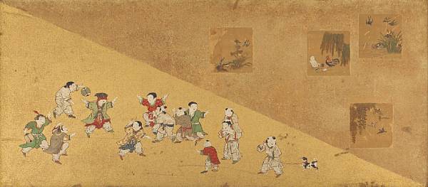 Appraisal: Anonymous Edo Period Chinese Children at Play Small two-panel screen