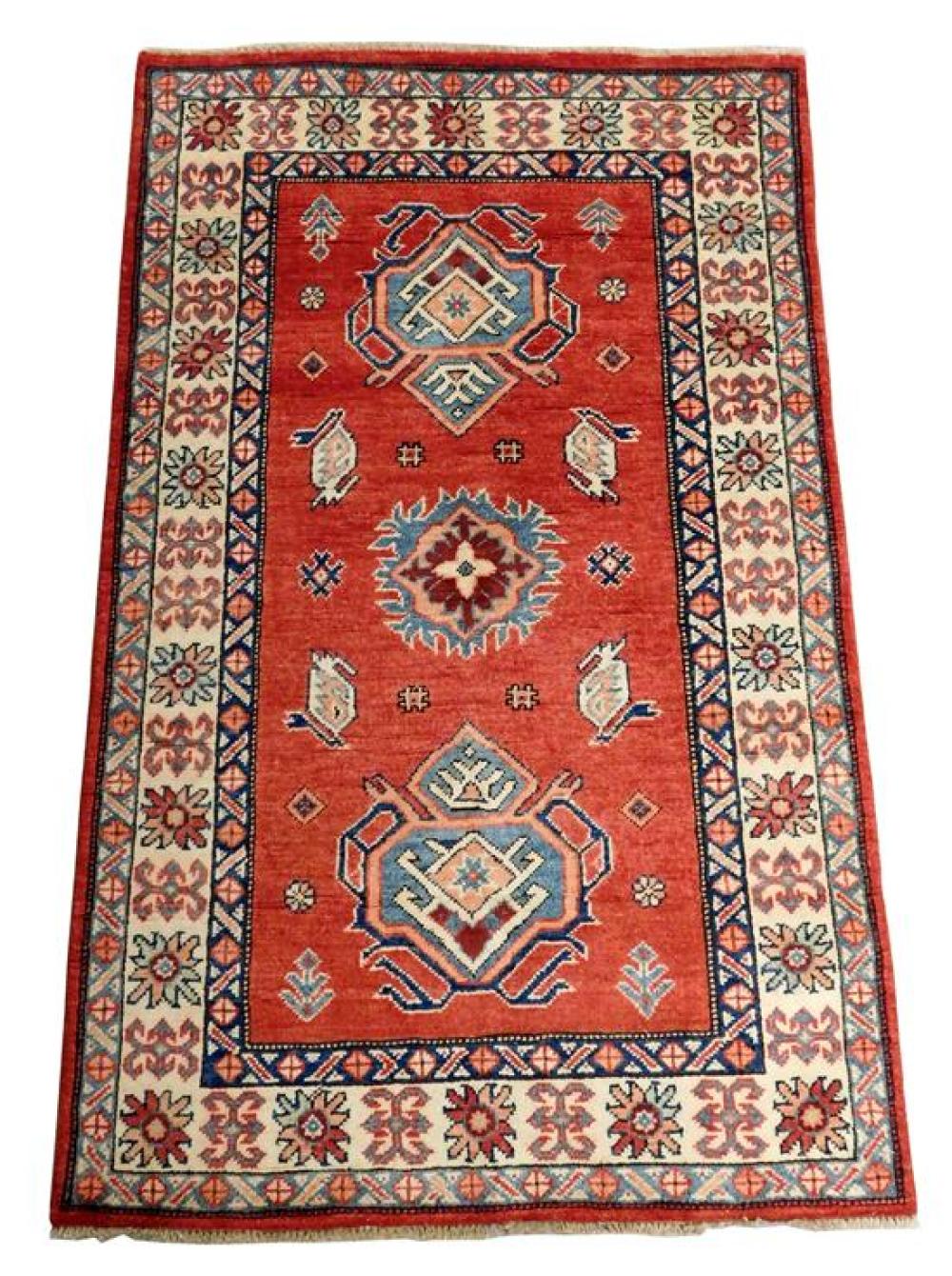 Appraisal: RUG Uzbek Kazak ' x ' hand-made wool polychrome with