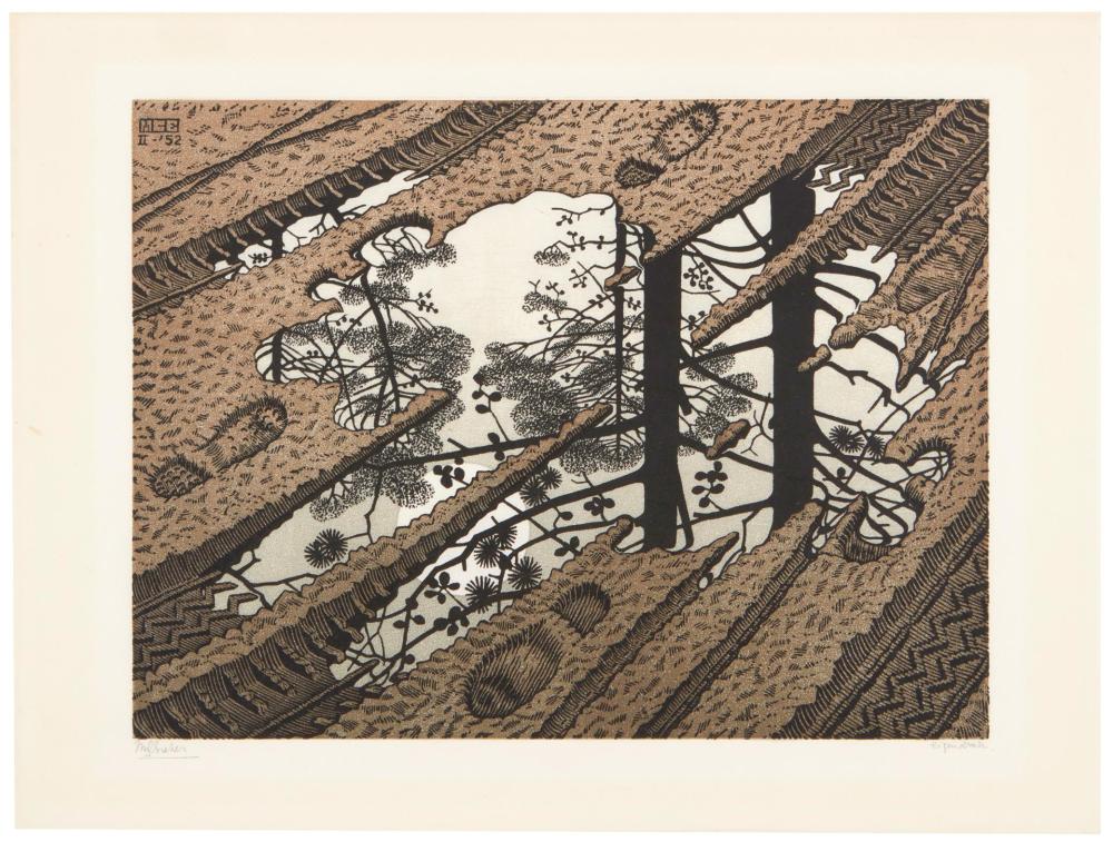 Appraisal: Maurits Cornelis Escher - Dutch Puddle Color woodcut on thin