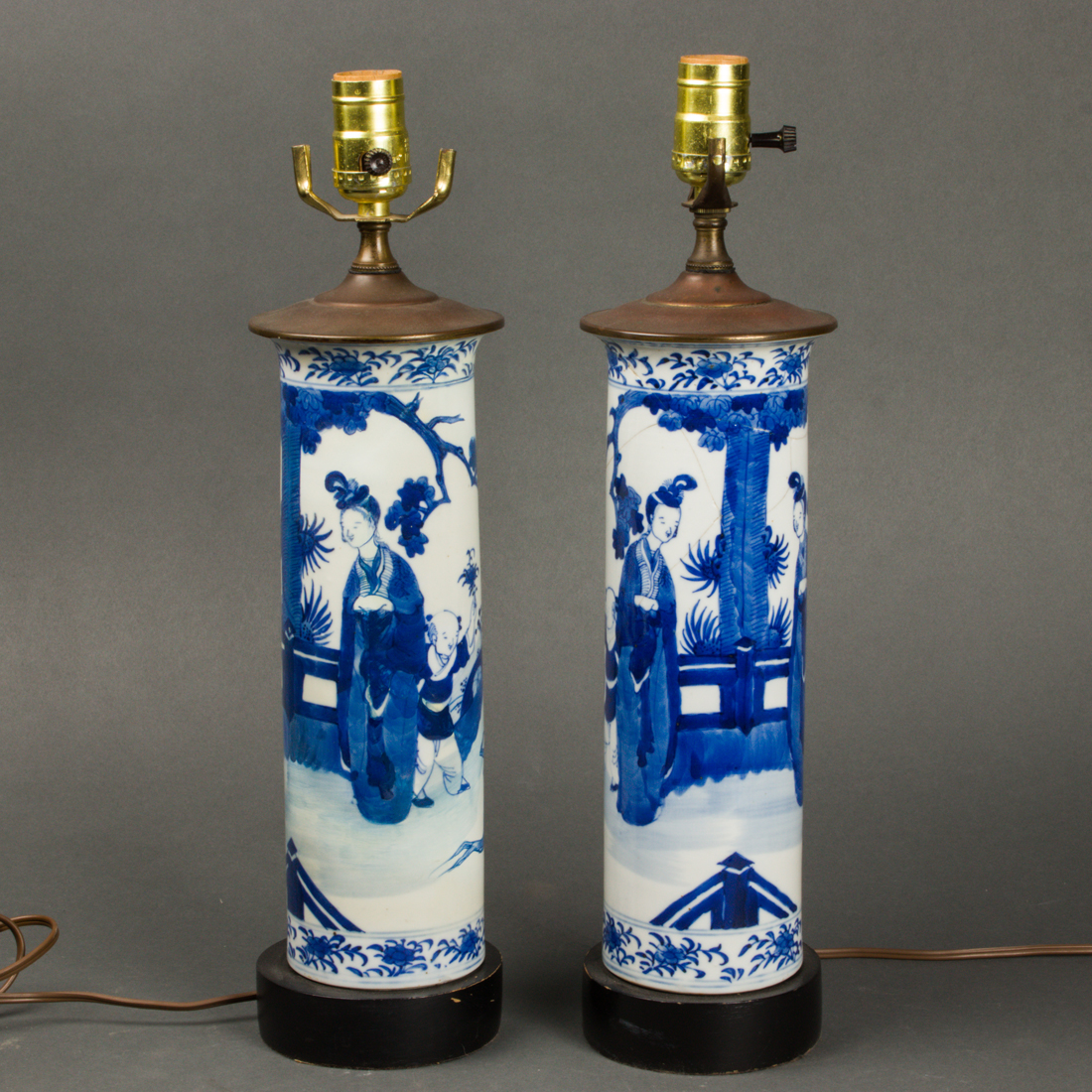 Appraisal: PAIR OF CHINESE BLUE AND WHITE CYLINDRICAL LAMPS Pair of