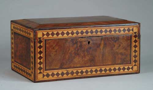 Appraisal: FANCY BURL WALNUT AND PARQUETRY INLAID DEEDS BOX Mid th