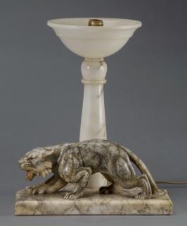 Appraisal: Alabaster and marble lion table lamp h Early th century