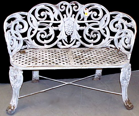 Appraisal: Demilune iron garden bench with scrolls and grape clusters some