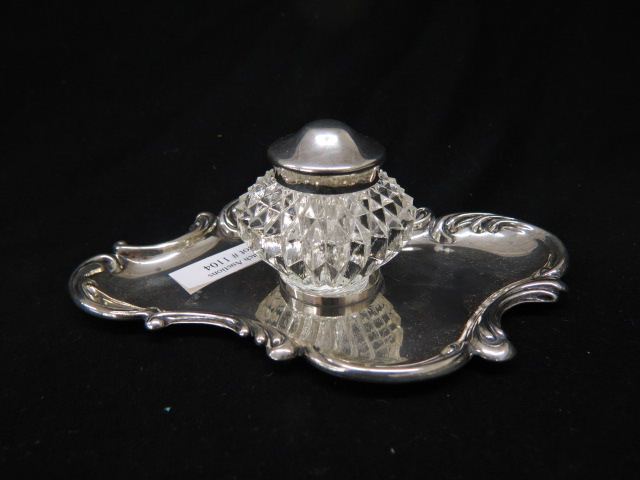 Appraisal: Sterling Silver Inkwell fancy scalloped tray x crystal well