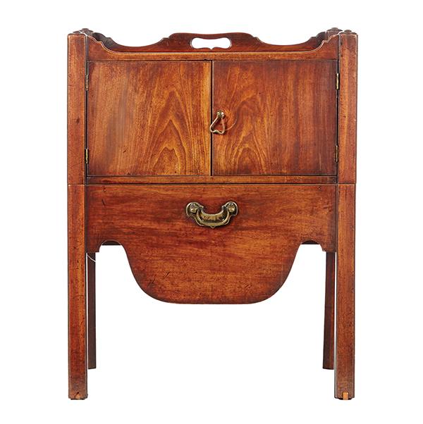 Appraisal: A GEORGE III MAHOGANY NIGHT TABLE CIRCA The shaped gallery