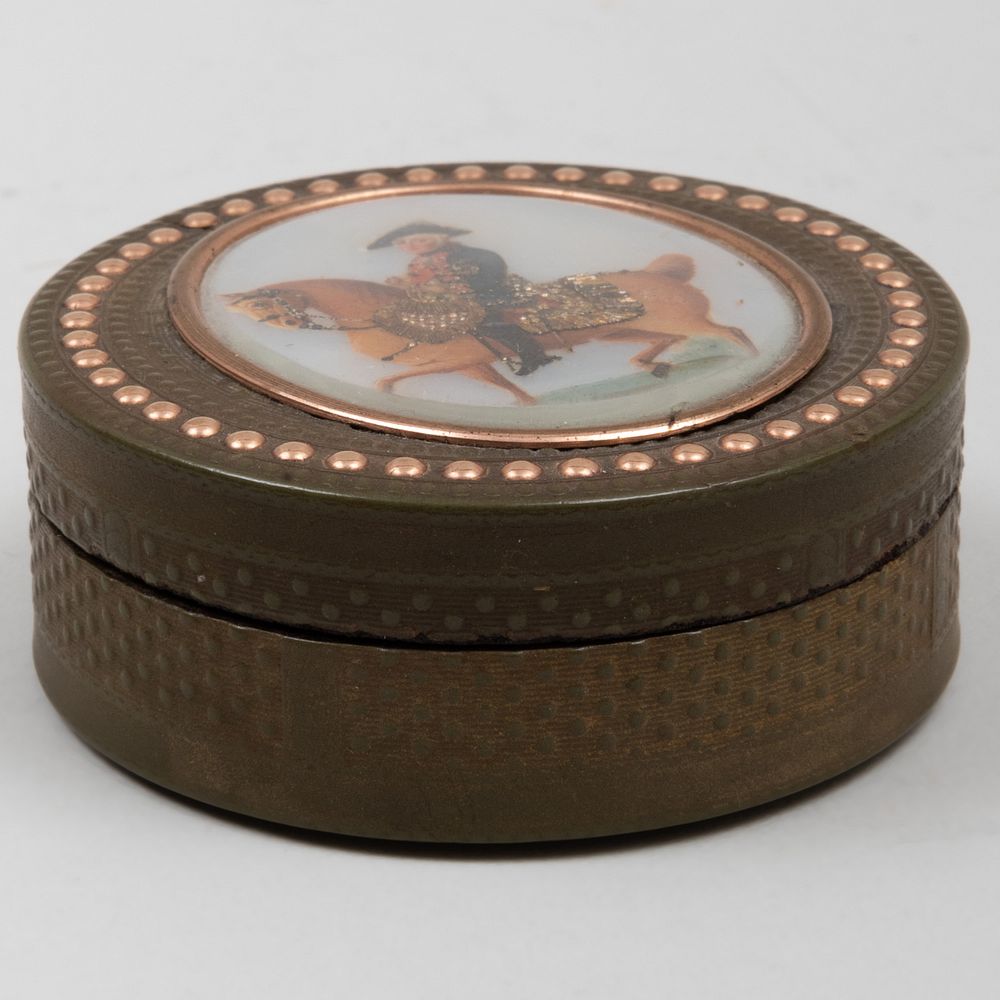 Appraisal: Continental Green Lacquer Circular Box Inset with Painted Mother-of-Pearl Plaque