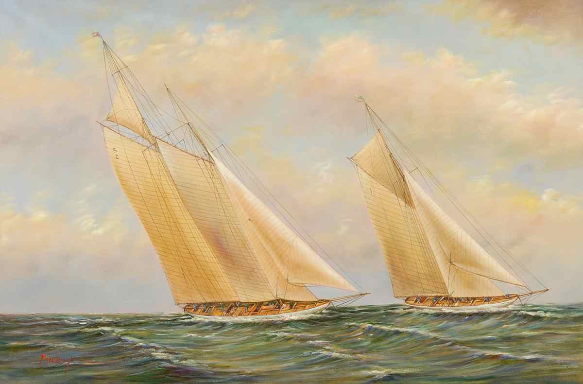 Appraisal: FRAMED PAINTING th CenturyTwo-masted schooner racing a gaff-rigged cutter Signed