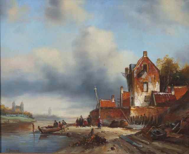 Appraisal: B DURAND TH CENTURY Dutch river scene signed lower left