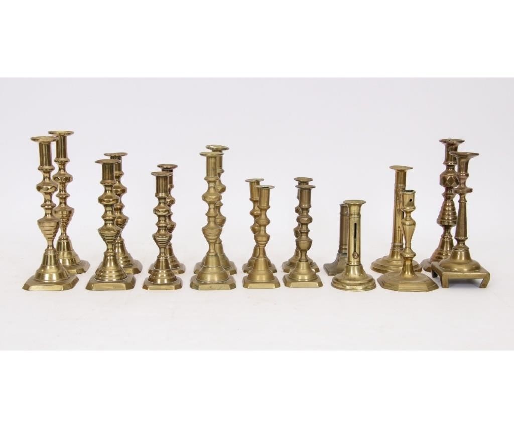 Appraisal: Six pairs of Victorian brass candlesticks tallest h together with