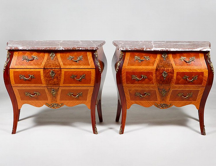 Appraisal: PAIR OF LOUIS XV STY VARIOUS WOOD PARQUETRY COMMODES th