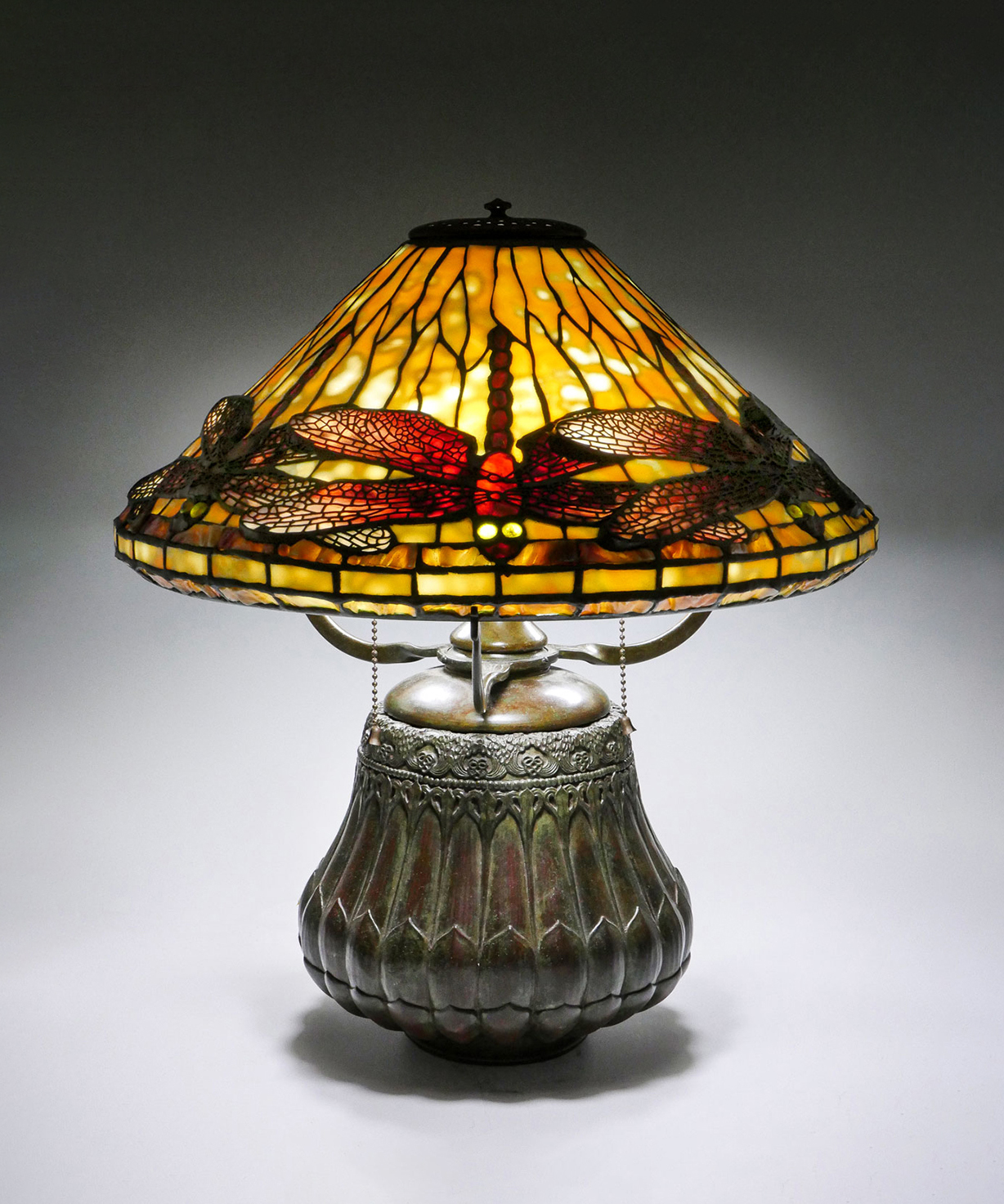 Appraisal: EXCEPTIONAL TIFFANY DRAGONFLY STAINED GLASS LAMP Tiffany Studios patinated bronze