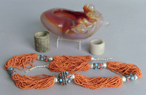 Appraisal: Silver and coral necklace together with two finger rings and