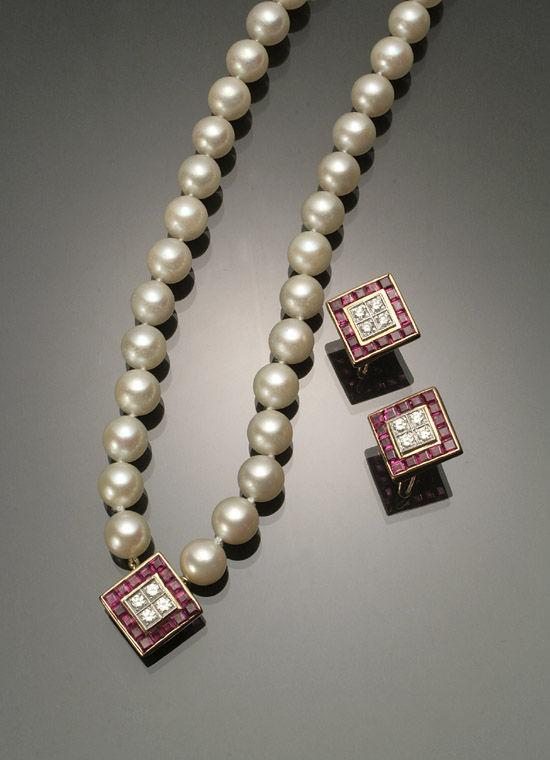 Appraisal: Cultured Pearl Diamond and Ruby Three-Piece Ensemble Consisting of a