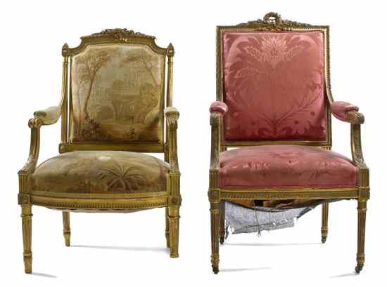 Appraisal: Two Associated Louis XVI Style Giltwood Fauteuils each having an