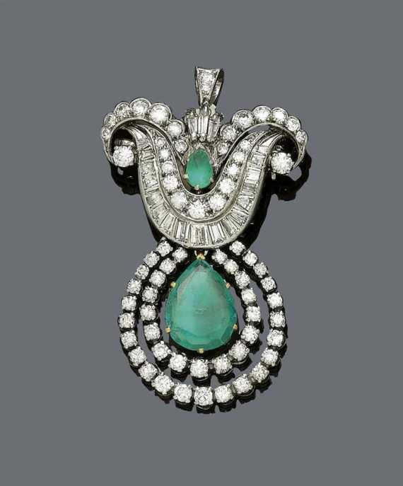 Appraisal: EMERALD AND DIAMOND BROOCH PENDANT ca Silver and yellow gold