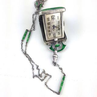 Appraisal: Duca sterling green enamel cased pendant watch and chain Rectangular