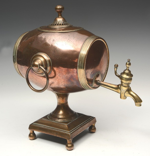 Appraisal: A GEORGIAN COPPER SAMOVAR of barrel form with ring handles