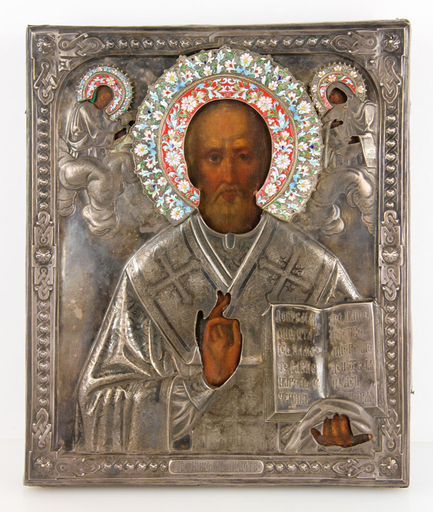 Appraisal: - Russian Silver Icon Russian icon depicting St Nicholas silver