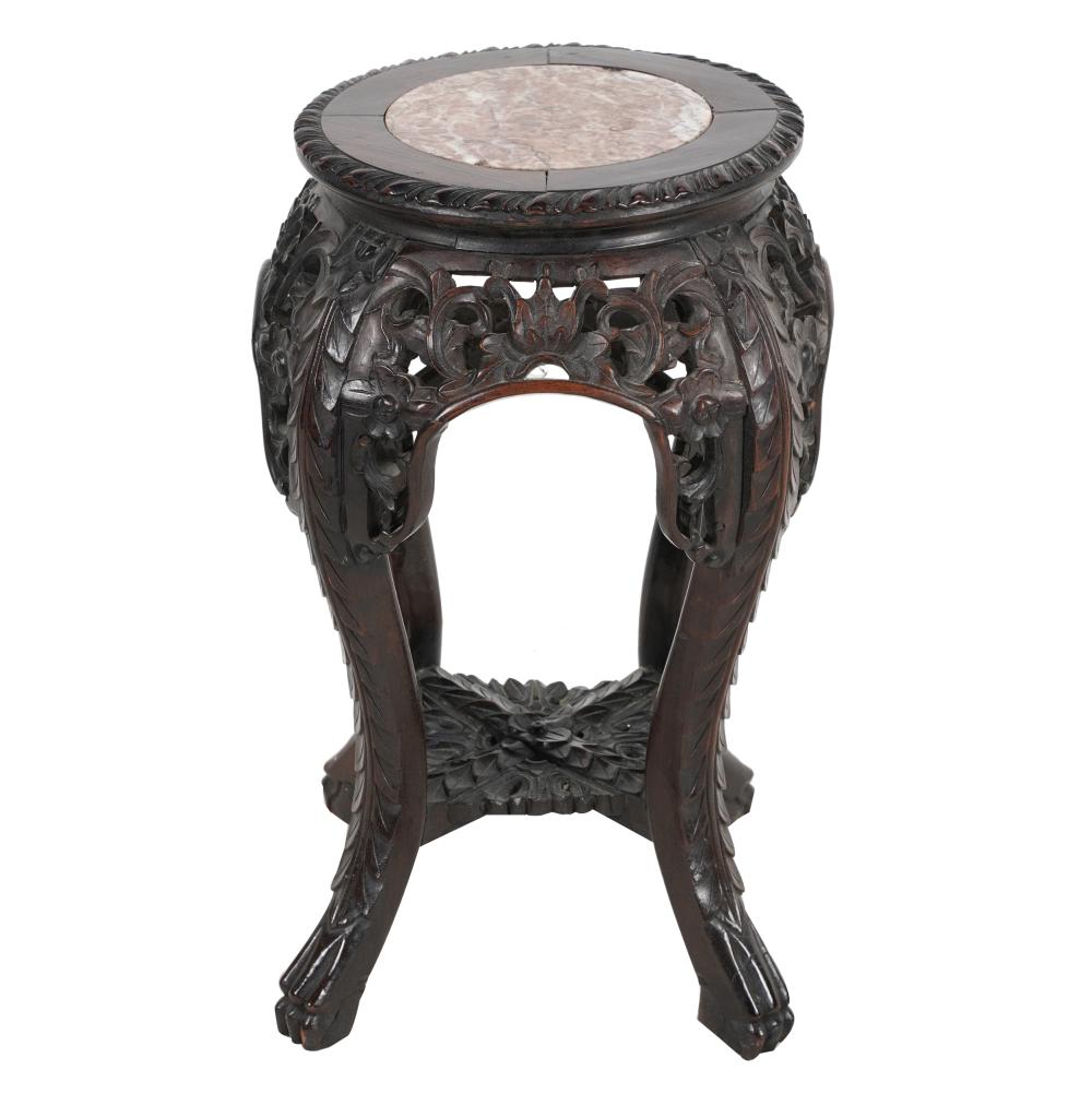 Appraisal: CHINESE MARBLE-INSET CARVED HARDWOOD TABOURETwith pierced apron inches diameter inches