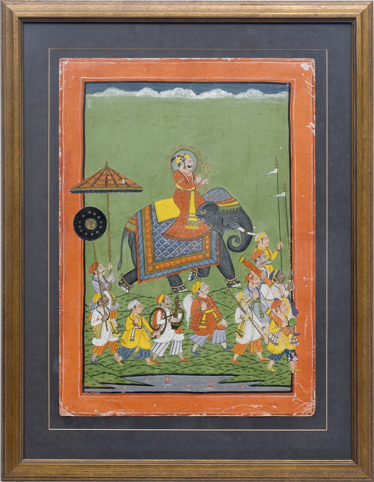 Appraisal: PAIR OF INDIAN MINIATURE PAINTINGS OF NOBLEMAN RIDING ELEPHANTS ACCOMPANIED