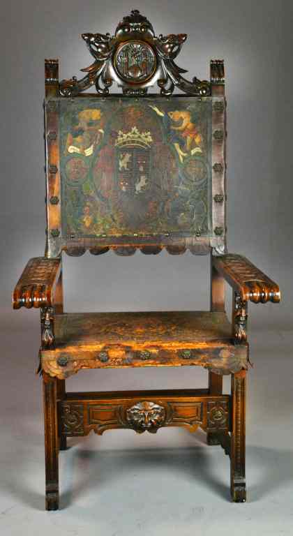 Appraisal: Exceptional Carved Wood and Leather Throne ChairHeavily carved with avian