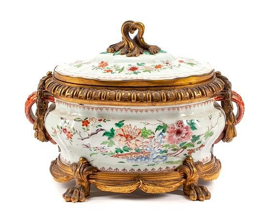 Appraisal: A Chinese Export Bronze Mounted Porcelain Tureen Height x width