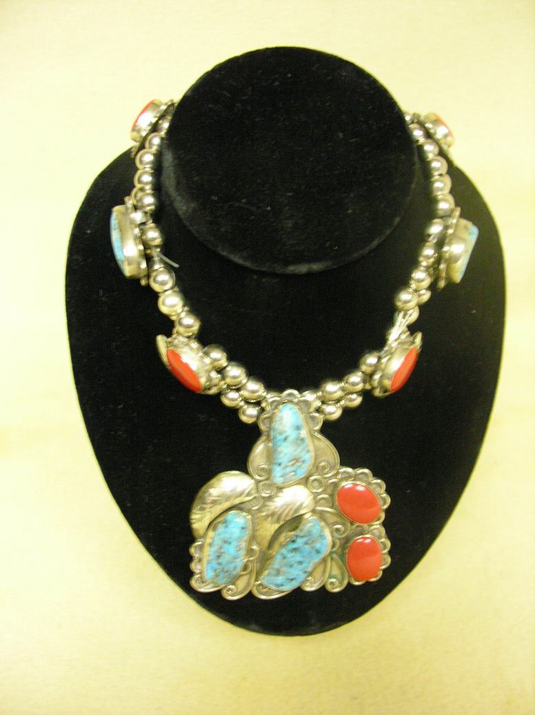 Appraisal: SILVER CORAL AND TURQUOISE NECKLACE Stamped Made in Mexico Hechoen