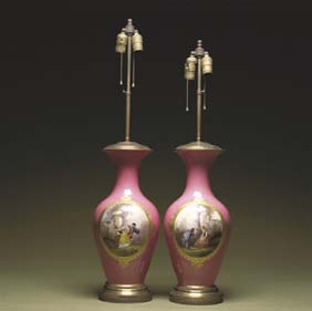 Appraisal: THREE FRENCH S VRES-STYLE LAMPS Three French porcelain baluster vase-form