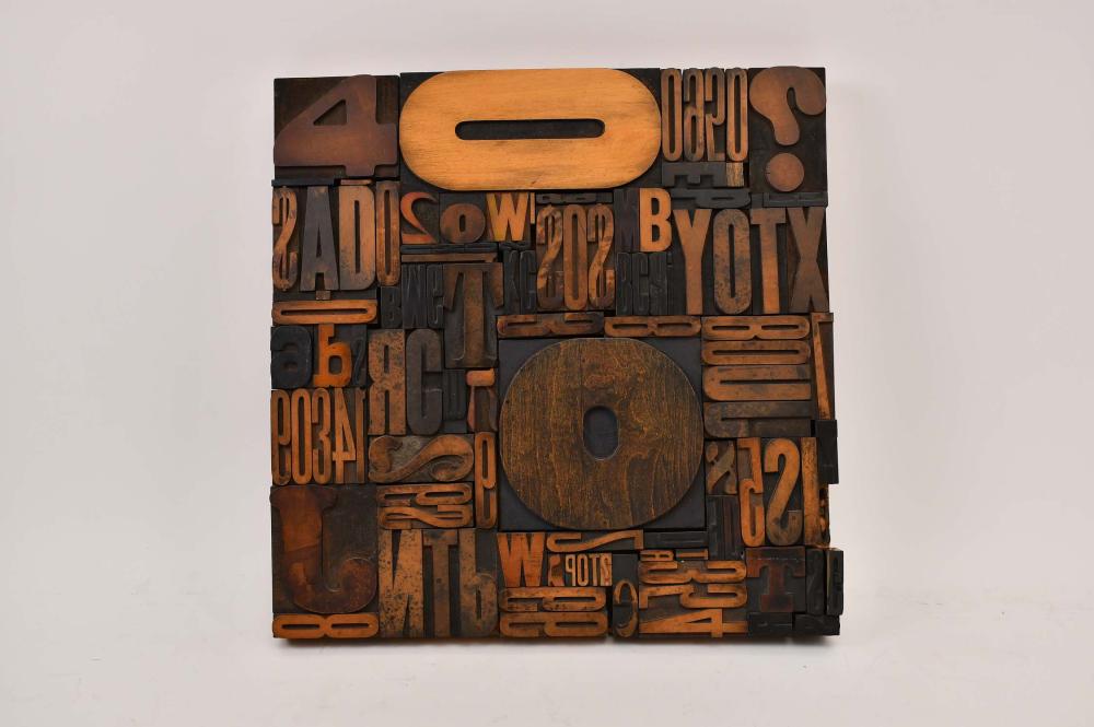 Appraisal: ASSEMBLED WOOD PRINTERS INK BLOCKComposed of letters and numbers taken