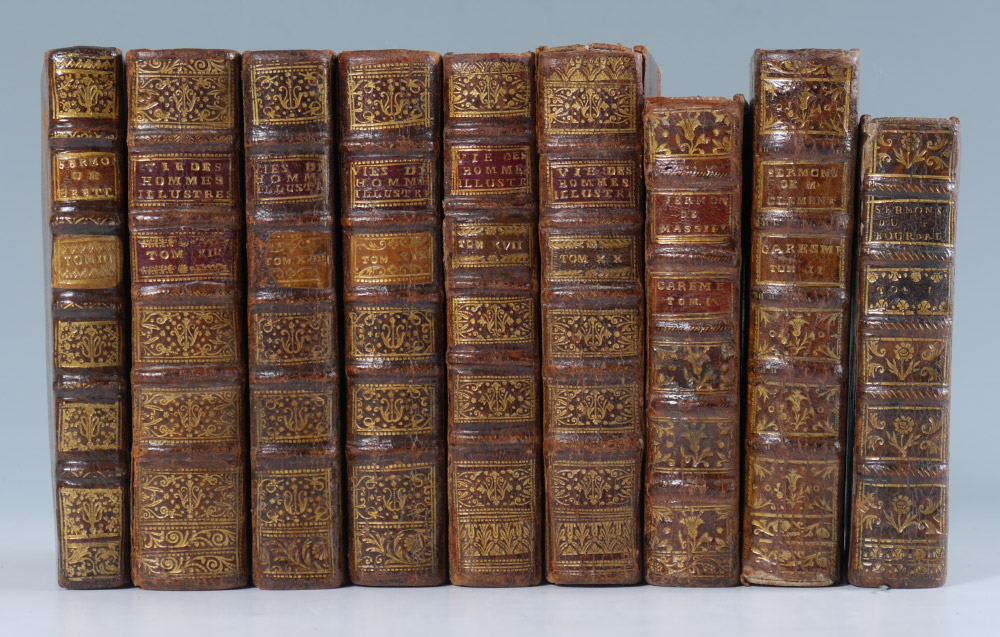 Appraisal: VOLUME ANTIQUARIAN BOOKS assorted volumes leather bound embossed spines with