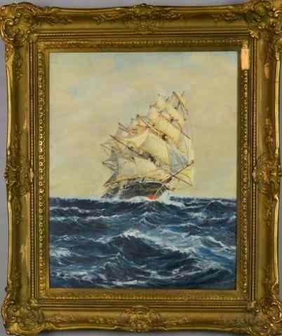 Appraisal: OIL PAINTING ON BOARD SIGNED COXSchooner with sails at sea