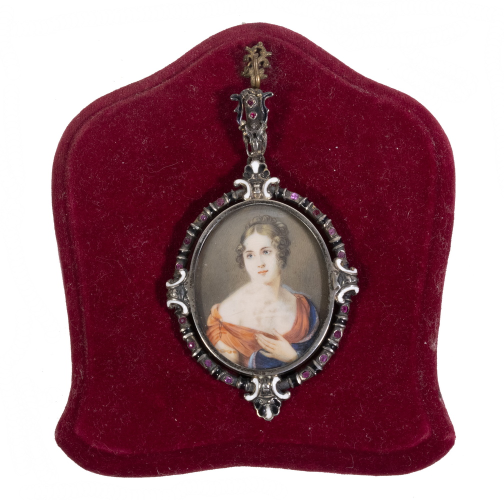 Appraisal: MINIATURE PORTRAIT OF A WOMAN IN STERLING SILVER ENAMEL AND