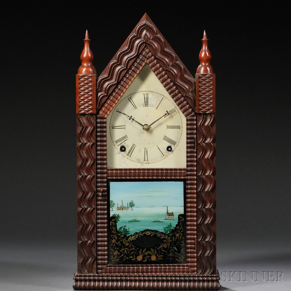 Appraisal: J C Brown Mahogany Ripple Front Steeple Clock Forestville Connecticut