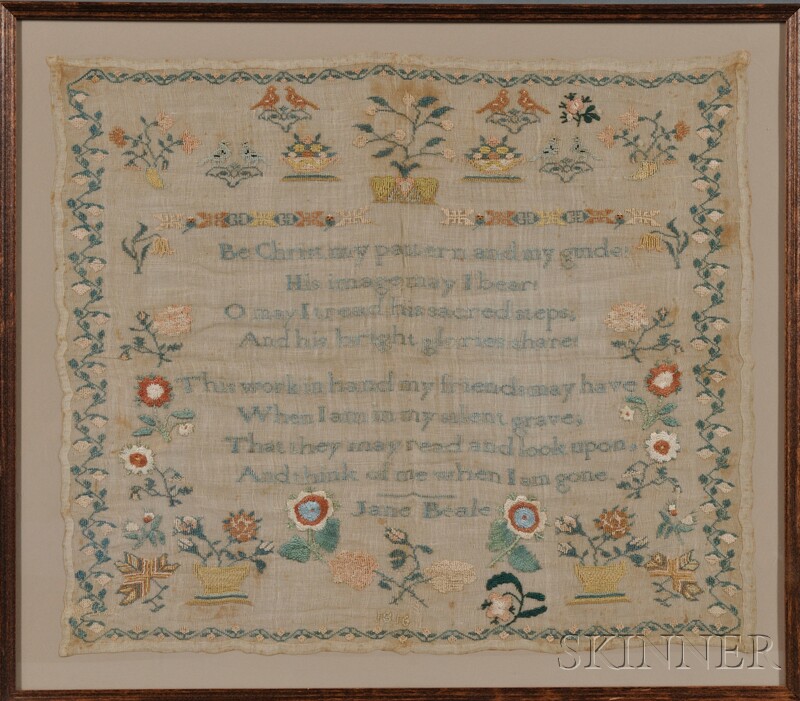 Appraisal: Needlework Sampler Jane Beale the sampler work in silk threads