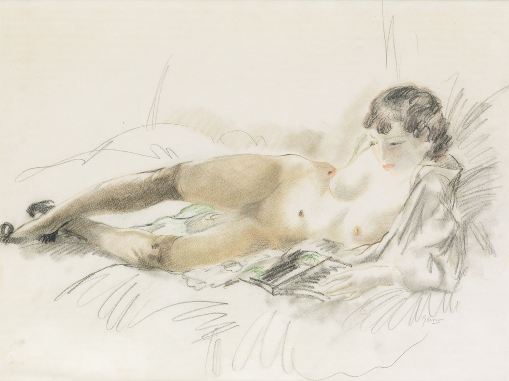 Appraisal: EMIL GANSO Reclining Nude with Stockings Charcoal with color pastels