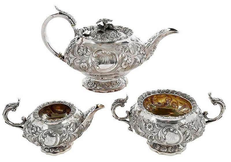 Appraisal: Three Piece English Silver Tea Set London oval with floral