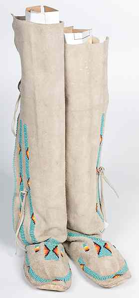 Appraisal: Central Plains Beaded Hightop Moccasins commercially tanned thread-sewn hide beaded