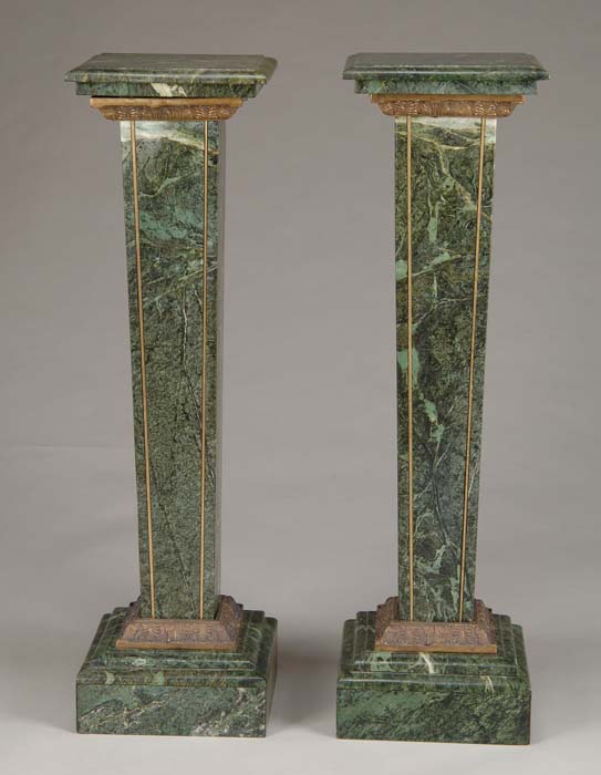 Appraisal: PAIR OF GREEN MARBLE PEDESTALS Molded edge square top supported