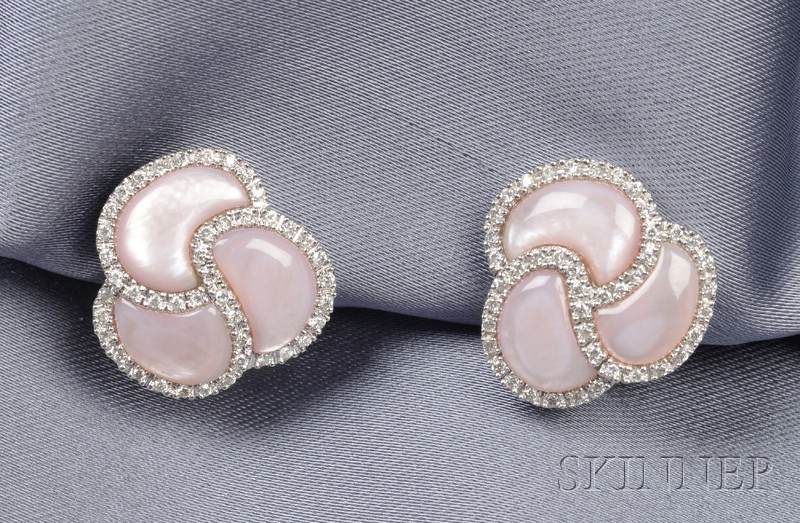 Appraisal: kt White Gold Pink Mother-of-Pearl and Diamond Earclips each knot