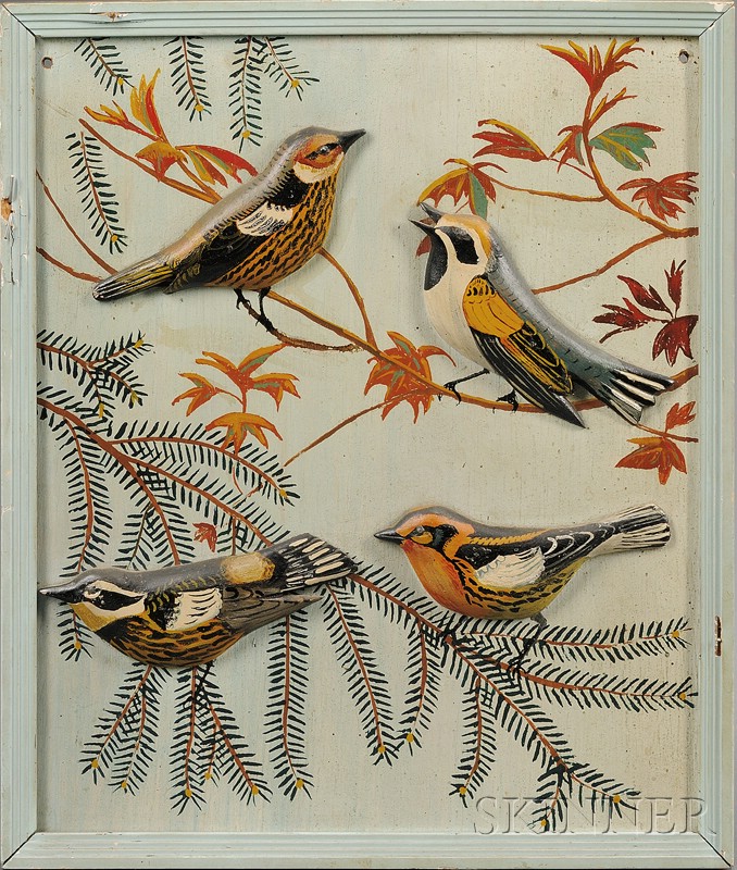 Appraisal: Polychrome Painted Plaque with Warblers attributed to Charles Hart -