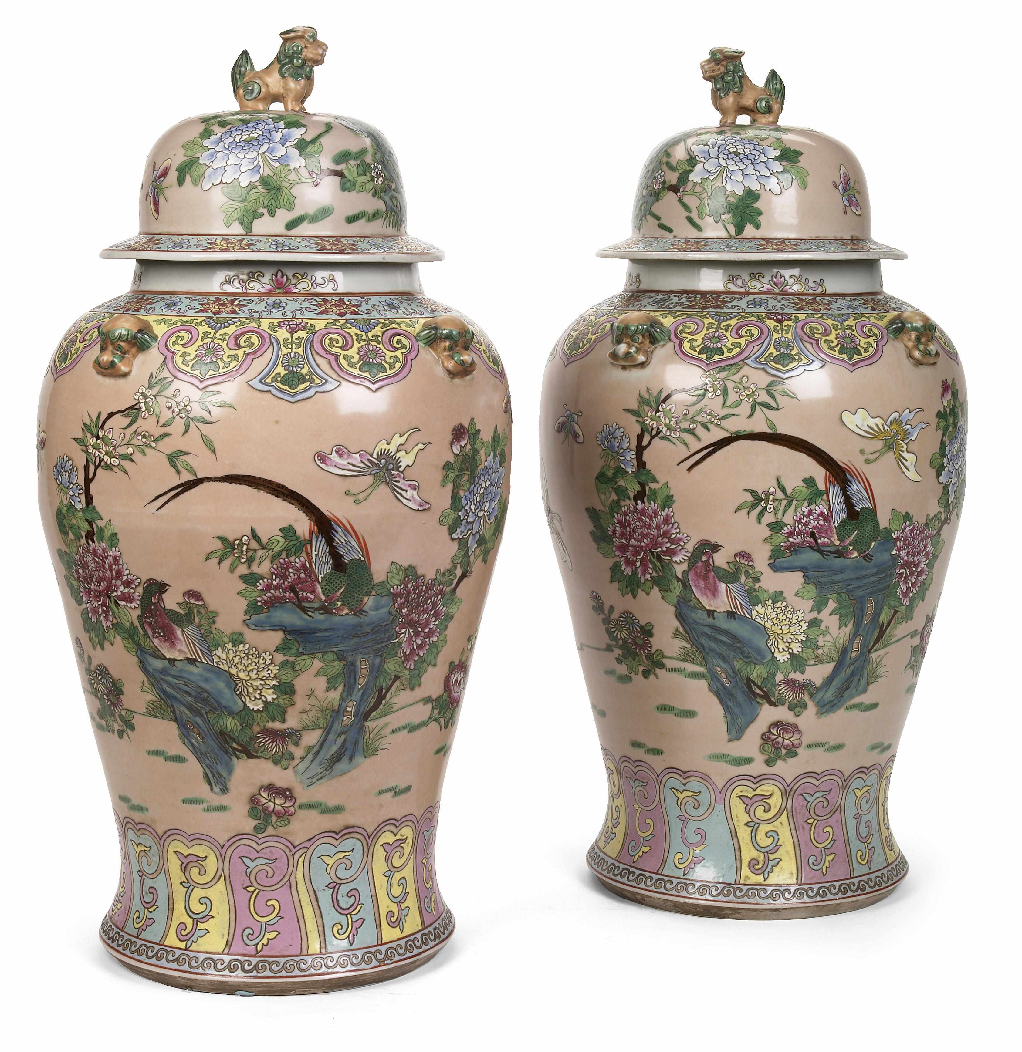 Appraisal: A pair of Chinese famille rose covered temple jars late