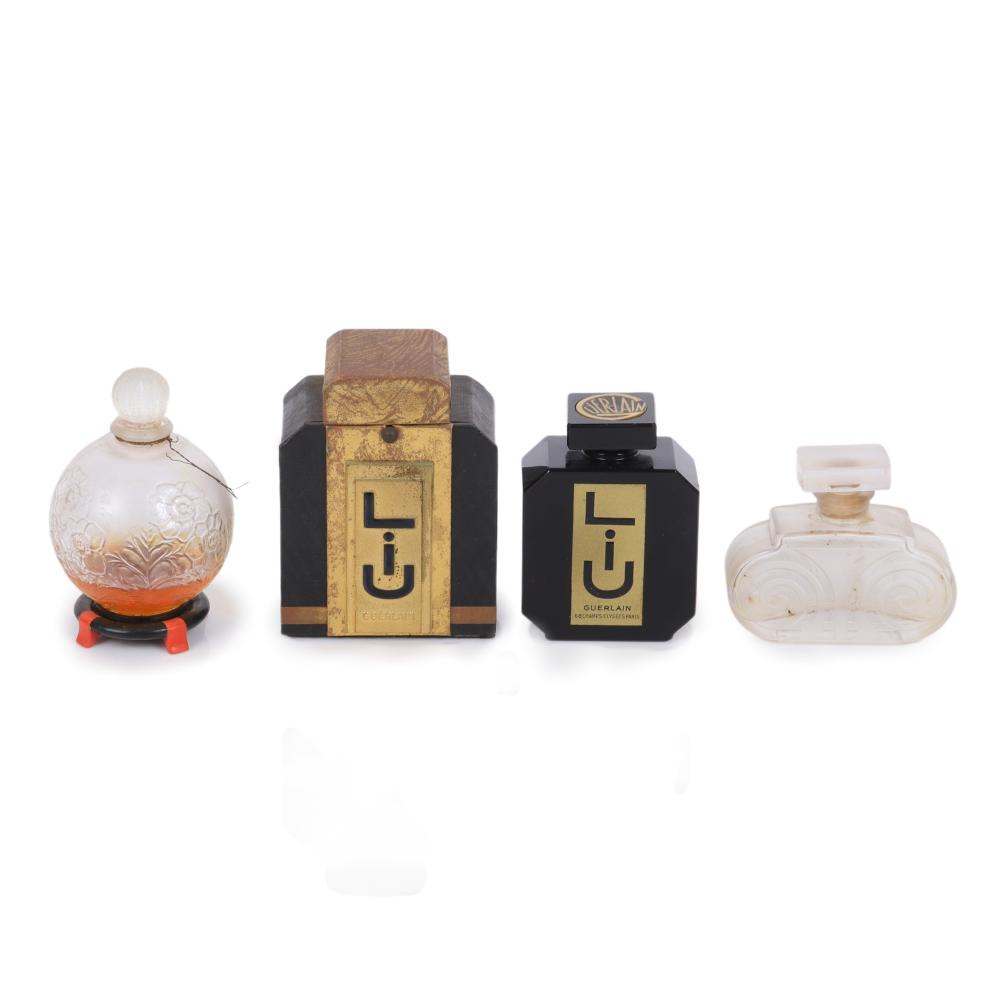 Appraisal: THREE FRENCH ART DECO PERFUME BOTTLES AND PERFUME BOX GUERLAIN