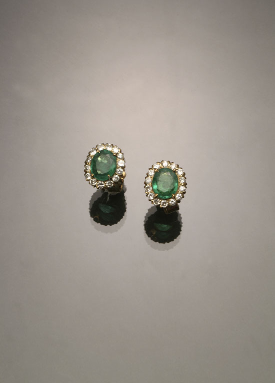 Appraisal: Pair of Tested -Karat Yellow-Gold Emerald and Diamond Pierced Earrings